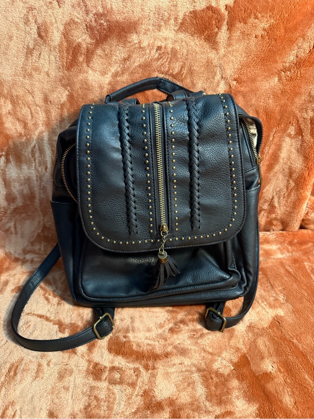 Black Studded Faux Leather Backpack - Women Bags